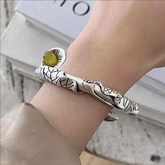 STERLING SILVER HANDMADE VINTAGE JADE FLOWER BANGLE BRACELET - Picture 8 of 13